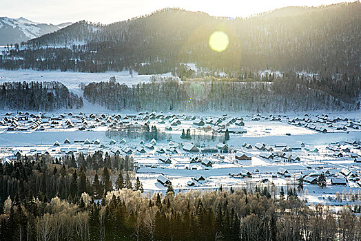 村庄,阳光,冬,雪,树林