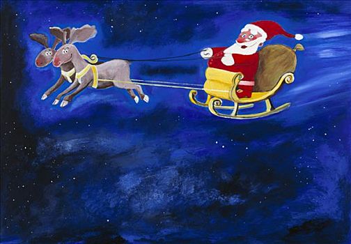 圣诞老人,飞,雪橇,驯鹿,插画
