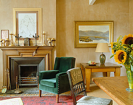 软垫,绿色,扶手椅,正面,壁炉,传统风格,起居室