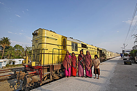 年轻,印度女人,姿势,正面,宫殿,轮子,列车,停放,火车站,乌代浦尔,印度