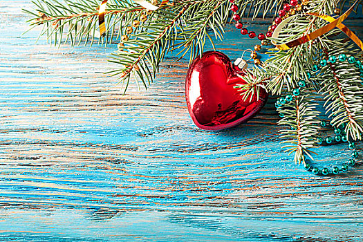 圣诞装饰,杉枝,蓝色,木质背景