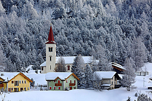 教堂,教会,冬天,下雪,恩加丁,瑞士,欧洲