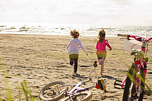 女孩,跑,海洋,海滩