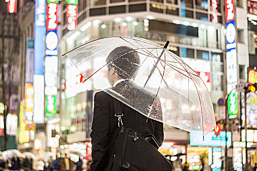 商务人士,伞,明亮,照亮,街道,晚上