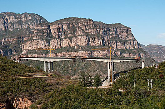 施工中的太行大峡谷跨谷铁路桥
