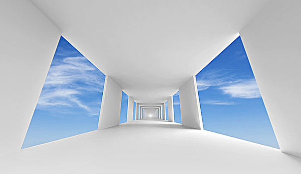 抽象,建筑,空,白色,走廊,蓝天