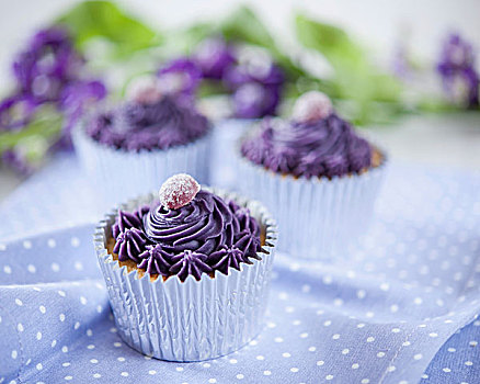 杯形蛋糕,装饰,紫色,奶油,胶冻,甜食