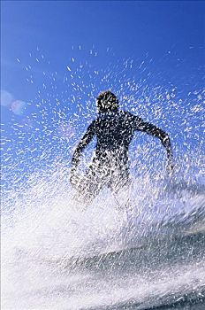 夏威夷,剪影,男人,骑,波浪,滑板,海洋,飞溅,无肖像权