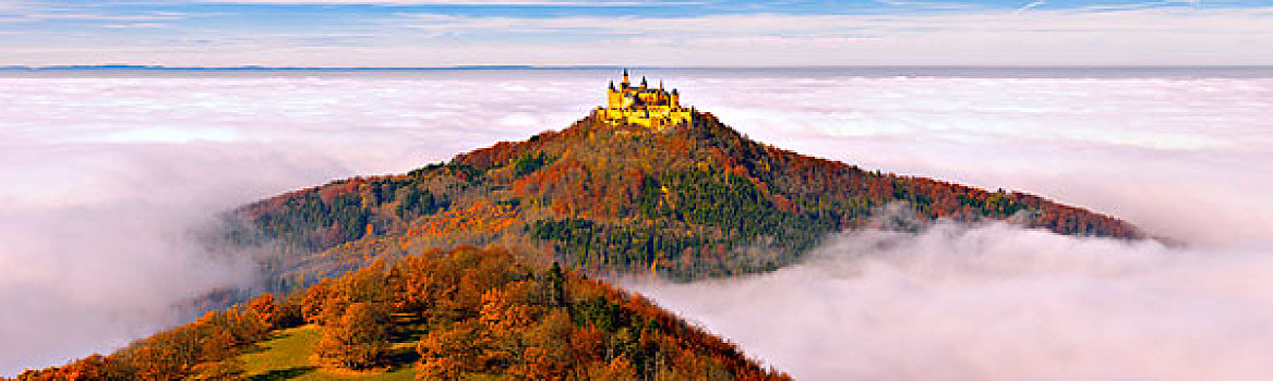 霍亨索伦,城堡,早晨,亮光,晨雾,朱拉,巴登符腾堡,德国,欧洲