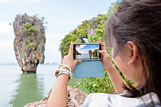 女人,游客,拍摄,自然,风景,手机