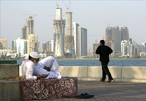 黄昏,滨海路,多哈,湾,建筑,高层建筑,地区,北方,卡塔尔