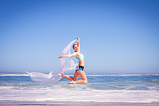 健身,女人,跳跃,雅致,海滩,围巾