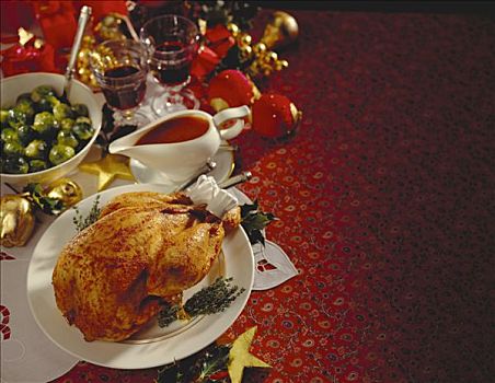 烤,圣诞节,火鸡,盘子,抱子甘蓝,浇汁