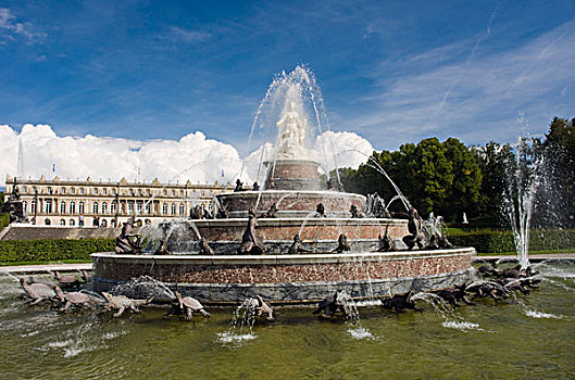 喷泉,宫苑,海伦基姆湖堡,宫殿,岛屿,且姆瑟湖,齐姆高,上巴伐利亚,德国,欧洲