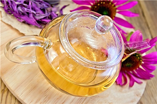 茶,紫锥菊,玻璃茶壶,木板