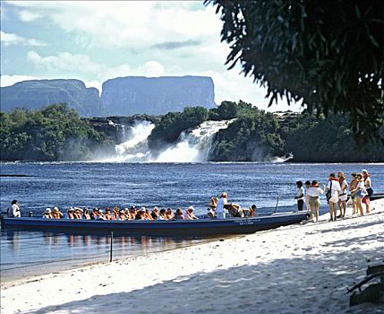 泻湖,船,瀑布,委内瑞拉,南美
