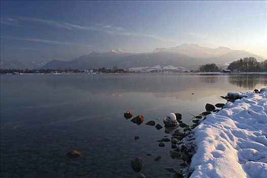 雪,湖,基姆湖,海滩,正面,坎彭完特山,巴伐利亚,德国