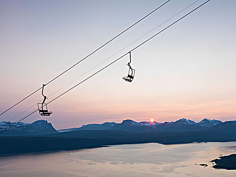 滑雪缆车,日落