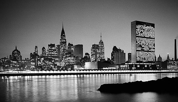美国,纽约,夜景,天际线,东河