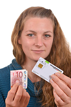 女人,拿着,健康保险,卡,10欧元,货币