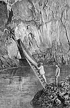 洞穴学,南,法国,运输,船,上方,地下,湖,历史,插画,1893年