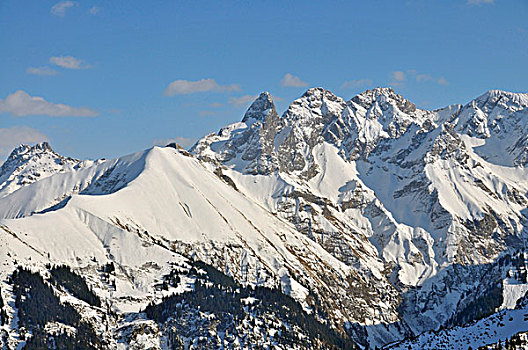 山,山峰,风景,冬天,雪,奥伯斯多夫,阿尔卑斯山,区域,巴伐利亚,德国,欧洲