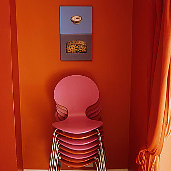 一堆,色彩,椅子,橙色,墙壁