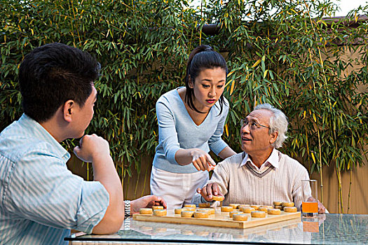 父子在庭院里下棋