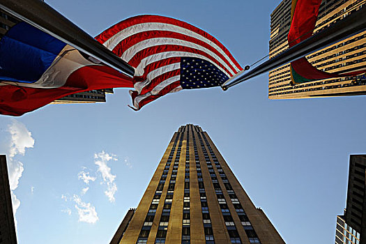 风景,洛克菲勒,中心,广场,美洲,国家,旗帜,曼哈顿,纽约,美国