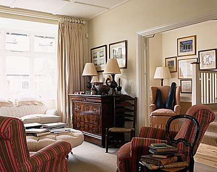 软垫,扶手椅,红色,条纹,布,起居室,玻璃幕墙