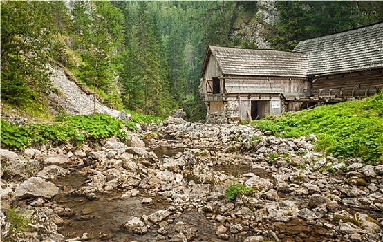 木质,屋舍,山,溪流