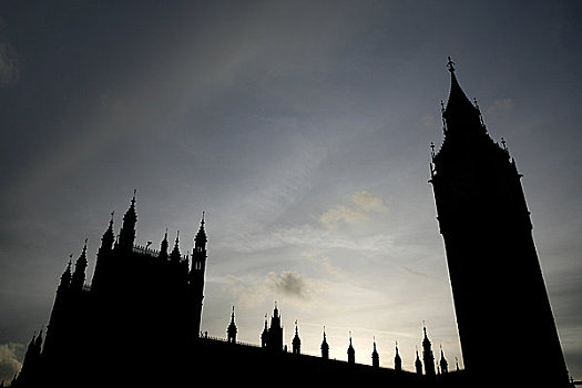 英格兰,伦敦,威斯敏斯特,剪影,大本钟,议会大厦