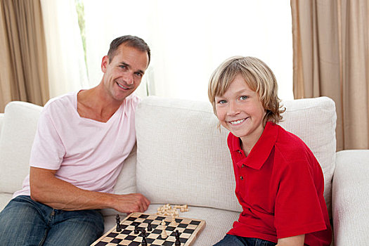 关心,父亲,玩,下棋,儿子
