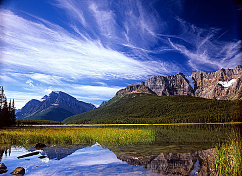 安静,水,完美,反射,生动,蓝天,后面,崎岖,落基山脉,班芙国家公园