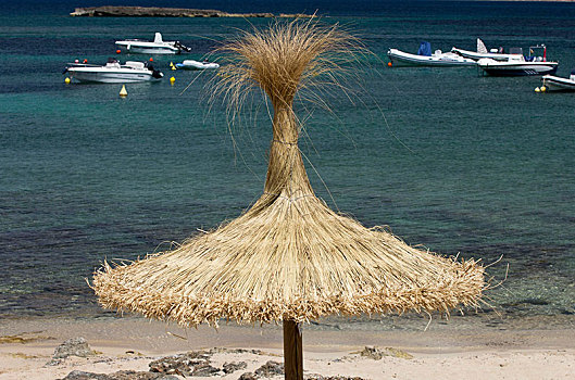 稻草,伞,海滩,马略卡岛,巴利阿里群岛,西班牙,欧洲