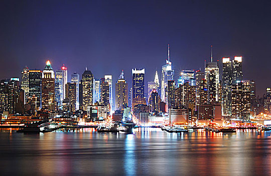 城市,夜景,纽约,时代广场,曼哈顿,天际线,夜晚,全景,上方,哈得逊河,反射
