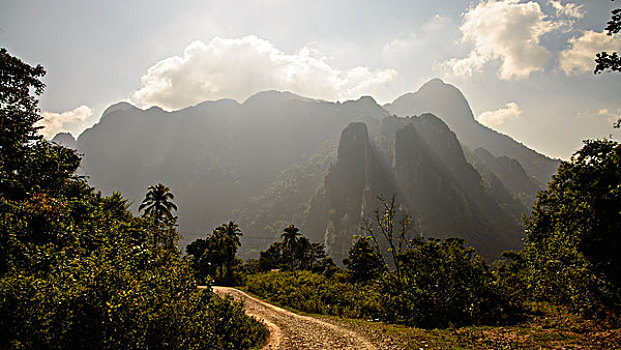 老挝,万荣,土路,山,大幅,尺寸