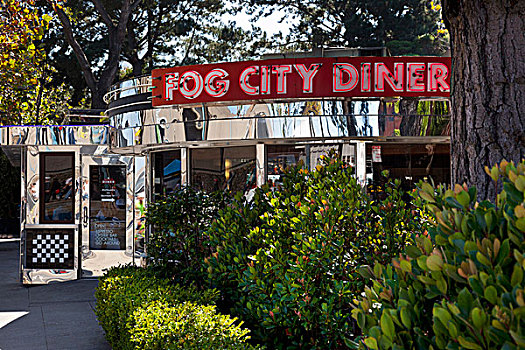 著名,雾,城市,用餐,恩巴卡德罗,旧金山,加利福尼亚,美国