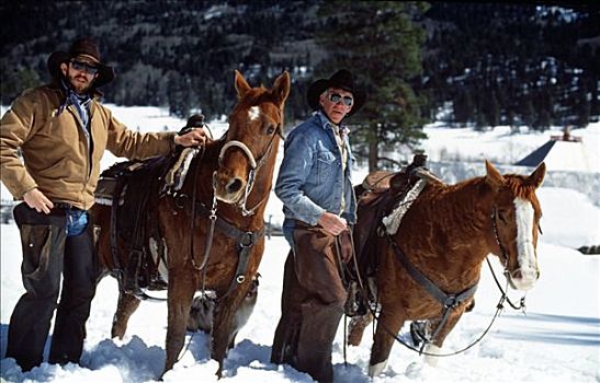 两个,牛仔,站立,马,积雪,风景