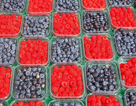 新鲜,蓝莓,树莓,托盘,市场货摊,不莱梅,德国,欧洲