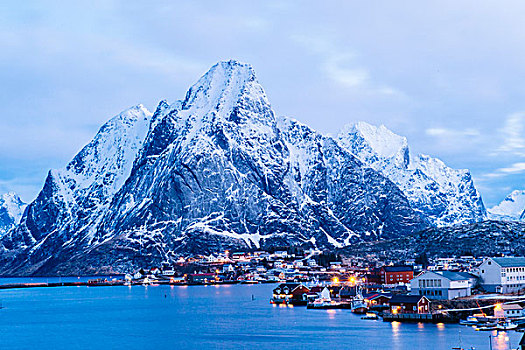 渔村,瑞恩,黄昏,罗弗敦群岛,挪威