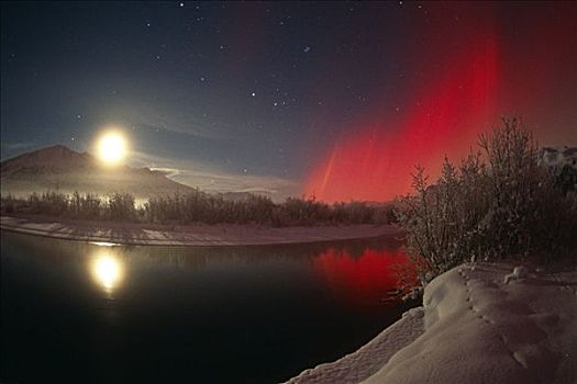 红色,北极光,月亮,上方,河,阿拉斯加