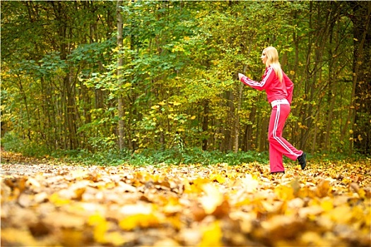 金发,小女孩,女人,跑,慢跑,秋天,树林,公园