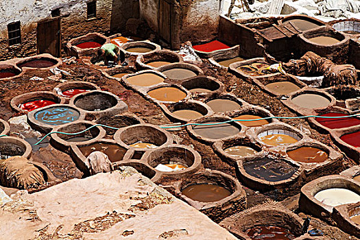 传统,制革厂,染,桶,摩洛哥,北非,非洲