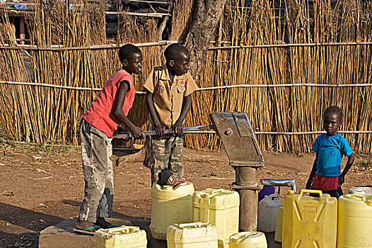 孩子,收集,手,泵,乡村,南,苏丹,十二月,2008年