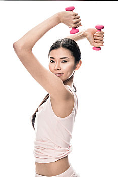 健身,亚洲女性,练习,两个,小,哑铃