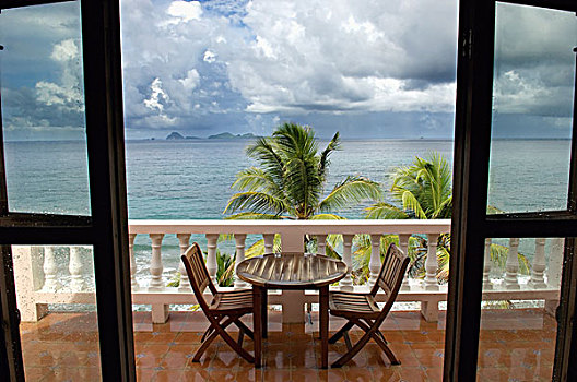 入口,平台,桌子,椅子,酒店,乌云,聚集,上方,海洋,格林纳达,加勒比海