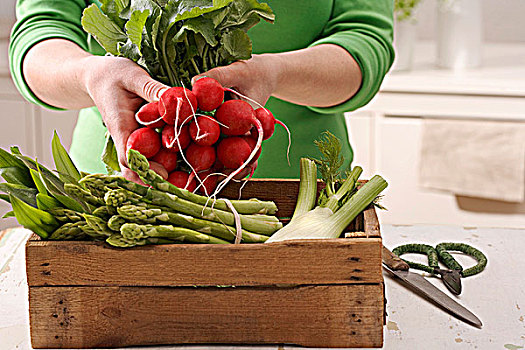 盒子,蔬菜,握着,束,萝卜
