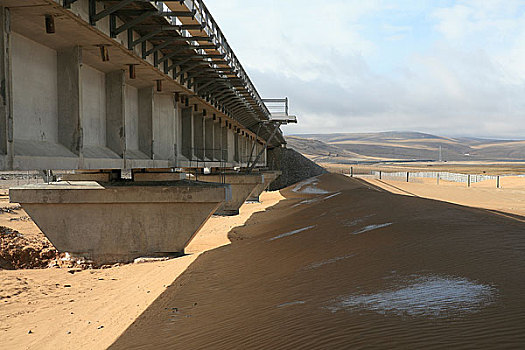 青藏铁路安多至措那湖之间桥梁已经被流动的沙子掩盖了的部分桥墩