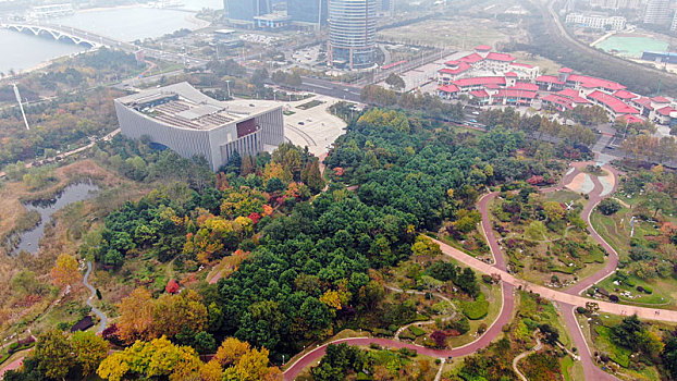 山东省日照市,航拍深秋时节的植物园,色彩斑斓景色迷人